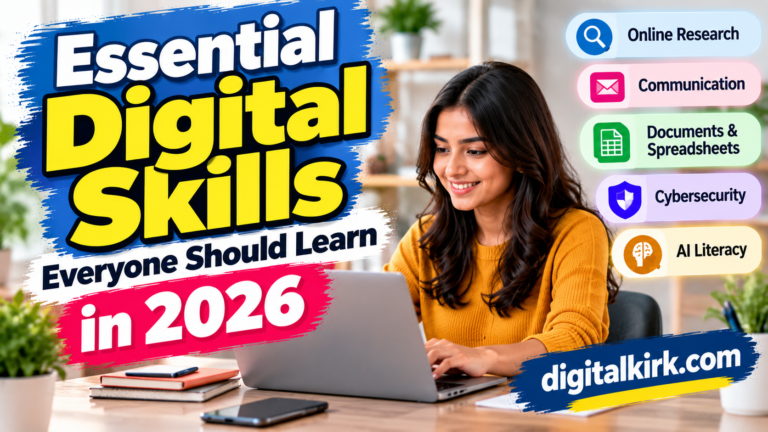 Essential Digital Skills Everyone Should Learn in 2026 Essential digital skills for 2026, featuring a woman using a laptop and skills including online research, communication, cybersecurity, and AI literacy.